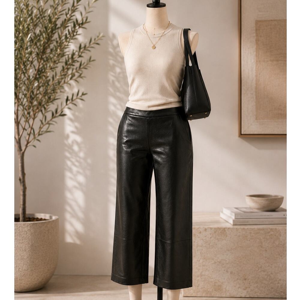 Vince 100% Lamb Leather pants black pull on straight leg cropped